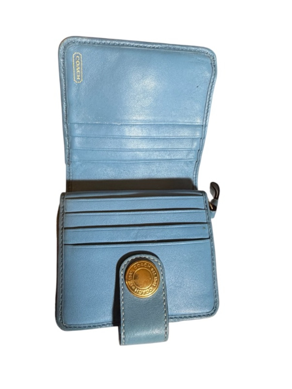 Coach Khaki Signature Blue Strim Leather Zip-Around Credit Card Wallet - Picture 9 of 13